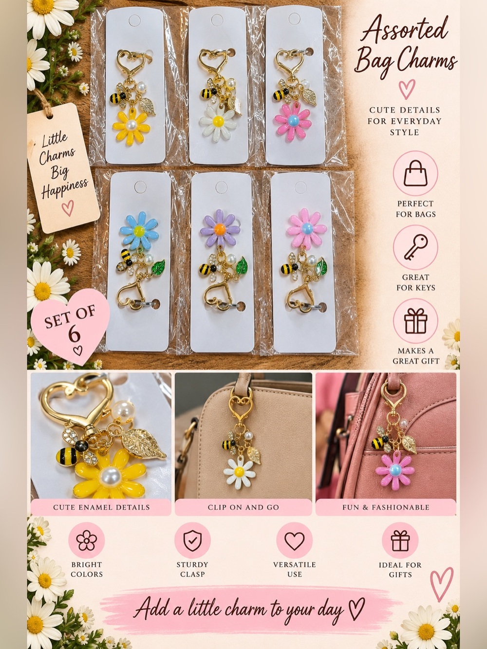 6pc Assorted Bee with Flower Bag Charms/Keychain